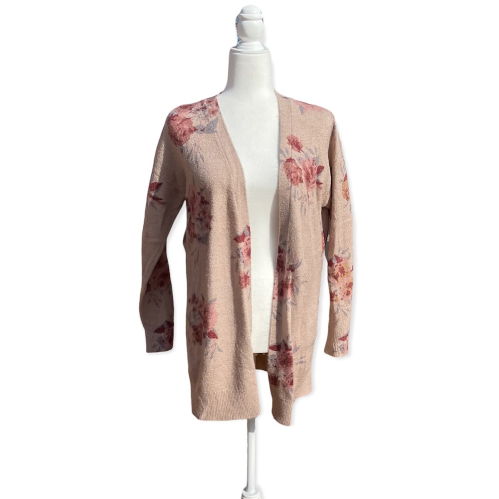 Knox Rose Floral Blush Open Front Lightweight Long Spring Cardigan